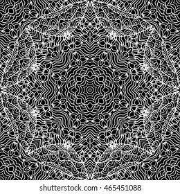 Abstract vector decorative ethnic mandala black and white seamless pattern. Adult coloring book page.