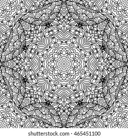 Abstract vector decorative ethnic mandala black and white seamless pattern. Adult coloring book page.