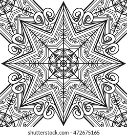 Abstract vector decorative ethnic mandala black and white seamless pattern. Adult coloring book page.
