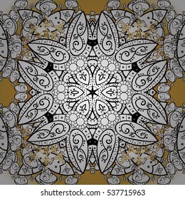 Abstract vector decorative ethnic mandala sketchy seamless pattern. Yellow background. Radial gradient shadow.