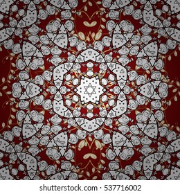 Abstract vector decorative ethnic mandala sketchy seamless pattern. Red background. Golden element. Radial gradient shadow.
