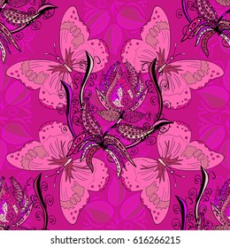 Abstract vector decorative ethnic mandala sketchy seamless pattern on pink background. Colored elements.