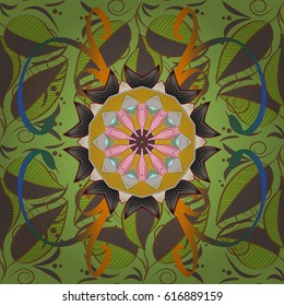Abstract vector decorative ethnic mandala sketchy seamless pattern. Background. Colored elements.