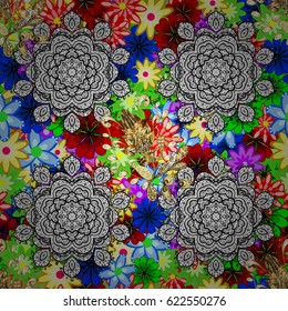 Abstract vector decorative ethnic mandala sketchy seamless pattern. Background. Colored elements.