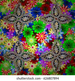 Abstract vector decorative ethnic mandala sketchy seamless pattern. Background. Colored elements.
