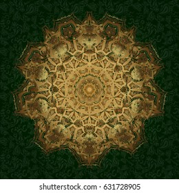 Abstract vector decorative ethnic mandala sketchy seamless pattern. Green background. Golden elements.