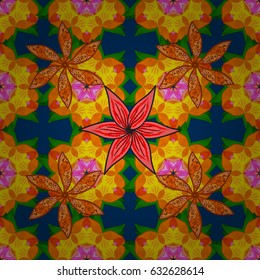 Abstract vector decorative ethnic mandala sketchy seamless pattern. Blue background. Colored elements.