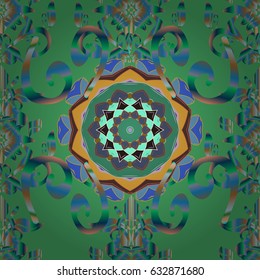 Abstract vector decorative ethnic mandala sketchy seamless pattern. Blue background. Colored elements.