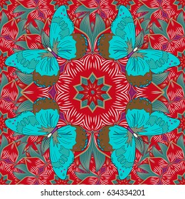 Abstract vector decorative ethnic mandala sketchy seamless pattern. Magenta background. Colored elements.