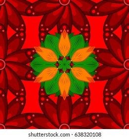 Abstract vector decorative ethnic mandala sketchy seamless pattern. Red background. Colored elements.