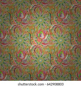 Abstract vector decorative ethnic mandala sketchy seamless pattern. Blue background. Colored elements.