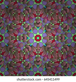 Abstract vector decorative ethnic mandala sketchy seamless pattern on white background. Colored elements.