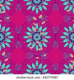 Abstract vector decorative ethnic mandala sketchy seamless pattern on white background. Colored elements.