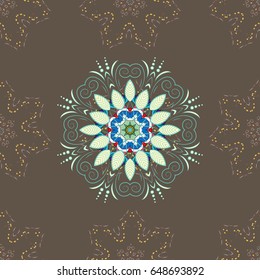 Abstract vector decorative ethnic mandala sketchy seamless pattern on colorful background. Colored elements.