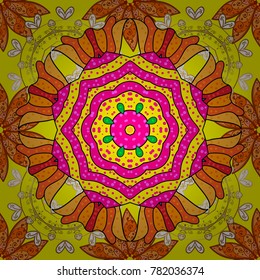 Abstract vector decorative ethnic mandala sketchy seamless pattern. Yellow, orange and magenta colors. Colored elements.