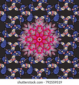 Abstract vector decorative ethnic mandala sketchy seamless pattern. Gray, black and blue colors. Colored elements.