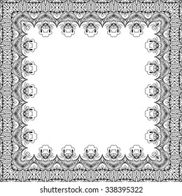 Abstract vector decorative ethnic sketchy seamless pattern. Geometric seamless pattern. Anti-stress coloring. Abstract black and white ornament, lace texture. Corner frame