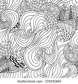 Abstract vector decorative ethnic waves black and white seamless pattern. Adult coloring book page