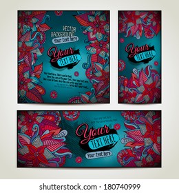 Abstract vector decorative floral background set. Series of image. Template frame design for card. Three different sizes for your design