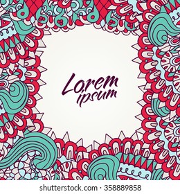 Abstract vector decorative floral background. Template frame design for postcard in red and blue colors