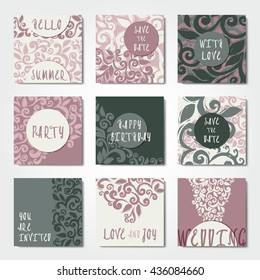 Abstract vector decorative floral postcards, art design templates with keaves pattern in green shades