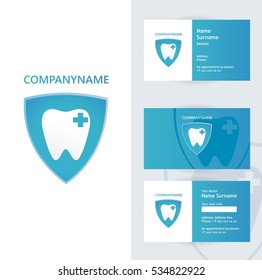 Abstract vector dental identity concept visiting card and appointment schedule on back side. Logotype template for branding and corporate business card design blue color composition