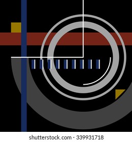 Abstract vector design. Art color composition with geometric shapes. Digital illustration with square, triangle, rectangles, arcs and lines. Black, white, red, blue, grey and yellow.