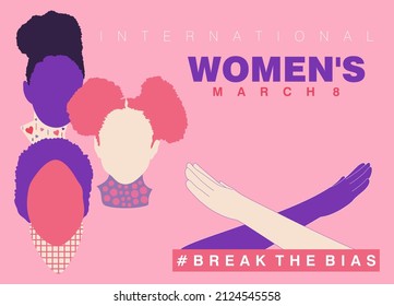 An abstract vector design of Break the Bias concept for International Women’s day 2022  on a pink background