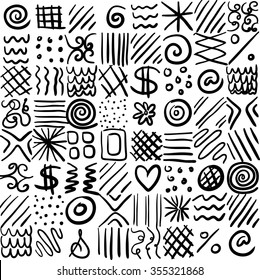 abstract vector design, can be repeated pattern, can be placed on any color, fun artsy design with shapes and doodles in abstract patterned squares or tiles