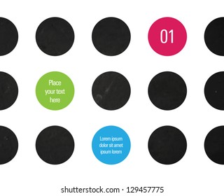 Abstract vector design - circles with old black worn grungy texture, colorful circles for your text