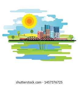 Abstract vector design of city and railroad and highway  on a meadow. Summer rural landscape.