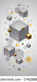 Abstract vector design with cluster of 3D cubes with golden elements vector design, luxury or jewelry color style, can be used for technology and science abstraction art.