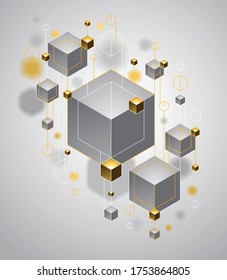 Abstract vector design with cluster of 3D cubes with golden elements vector design, luxury or jewelry color style, can be used for technology and science abstraction art.