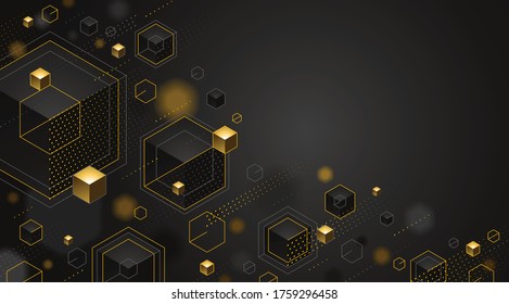 Abstract vector design with cluster of 3D cubes with golden elements vector design with copy space, luxury color style, jewelry classy elegant geometric design, shiny gold realistic abstraction.