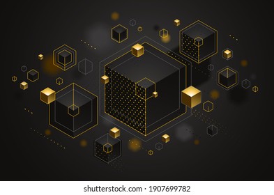 Abstract vector design with cluster of 3D cubes with golden elements vector design, luxury color style, jewelry classy elegant geometric design, shiny gold realistic abstraction.