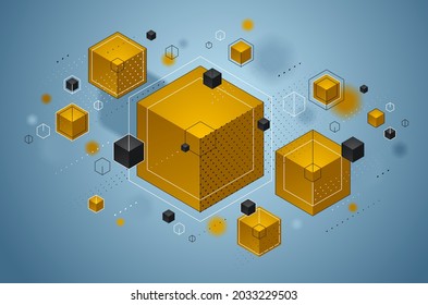 Abstract vector design with cluster of 3D cubes with yellow and blue elements vector design, can be used for technology and science abstraction art.