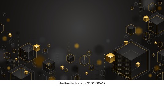 Resumen de diseño vectorial con conglomerado de cubos 3D con elementos dorados de diseño vectorial con espacio de copia, lujoso estilo de color, joyería elegante diseño geométrico, brillante abstracción realista de oro.