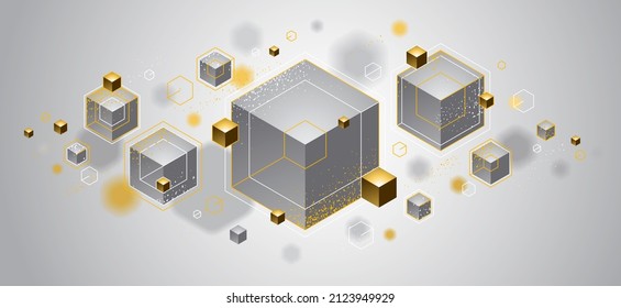 Abstract vector design with cluster of 3D cubes with golden elements vector design, luxury or jewelry color style, can be used for technology and science abstraction art.