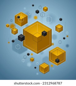 Abstract vector design with cluster of 3D cubes with yellow and blue elements vector design, can be used for technology and science abstraction art.