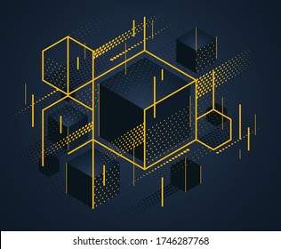 Abstract vector design with cluster of black 3D cubes with golden elements vector background, royal elite luxury geometric illustration, can be used for modern jewelry ad.