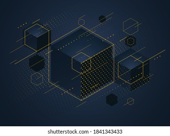 Abstract vector design with cluster of black 3D cubes with golden elements vector background, royal elite luxury geometric illustration, can be used for modern jewelry ad.