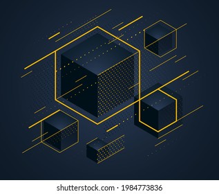 Abstract vector design with cluster of black 3D cubes with golden elements vector background, royal elite luxury geometric illustration, can be used for modern jewelry ad.