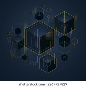 Abstract vector design with cluster of black 3D cubes with golden elements vector background, royal elite luxury geometric illustration, can be used for modern jewelry ad.