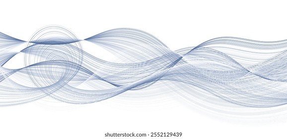 Projeto vetorial abstrato composto por numerosas linhas azuis formando padrões ondulatórios. Essas linhas se entrelaçam e se cruzam, criando uma sensação de fluidez e movimento. Ideal para projetos de design modernos