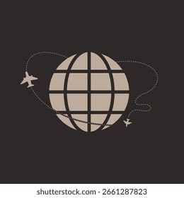 An abstract vector design depicting a globe with two airplanes following a dotted path, symbolizing worldwide travel, interconnectedness, and adventure.

