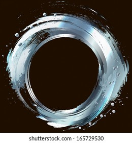 Abstract vector design element. Circle frame painted with brush strokes. Silver.