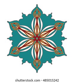 abstract vector design element, flower shape symmetrical pattern in pretty red blue and yellow color combination