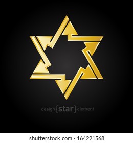 The Abstract vector design element golden star with arrows on black background