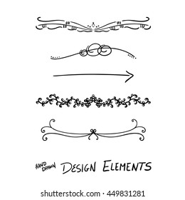 abstract vector design elements, set of beautiful fancy curls and swirls paragraph or text divider, underline designs, or black ink border lines. Wedding design elements, lace, bow, arrows, and dots.