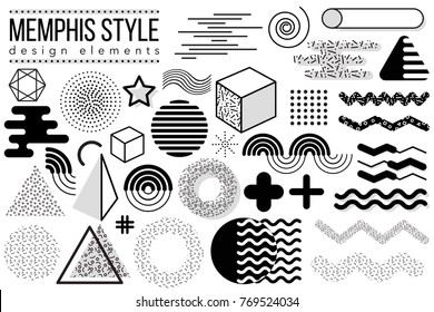 Abstract vector design elements set. Memphis style geometric shapes and forms collection to create poster, brochure, layout, template or presentation. Easy to combine and edit